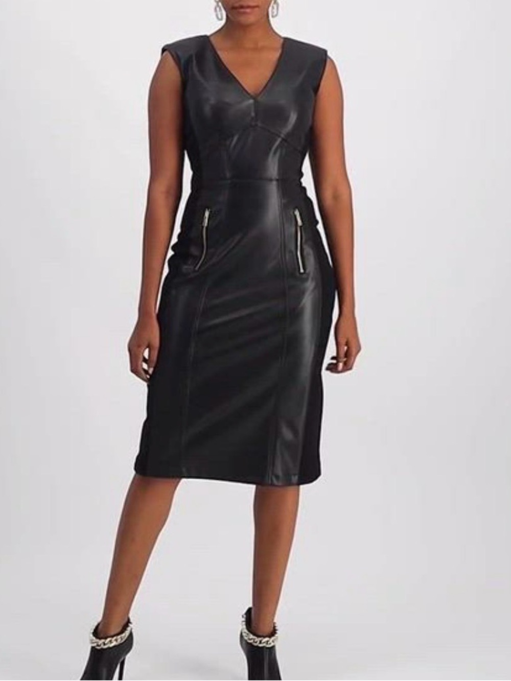 INC International Concepts Black Faux Leather Midi Sheath Dress
